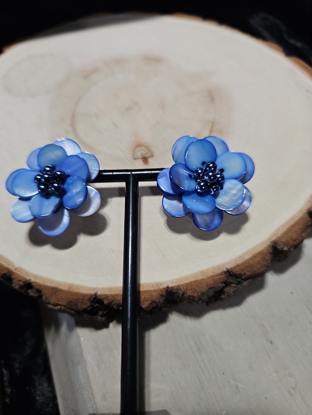 Blue Floral Mother-of-Pearl Statement Stud Earrings. Vintage